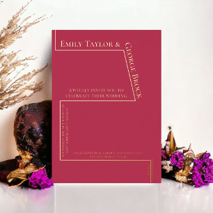 Invitación Con Relieve Metalizado Boda Moderna Simple Magenta Dorado Caligrafía