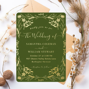 Invitación Con Relieve Metalizado Boda Moderna Tipografía Boho Elegante Verde Musgo