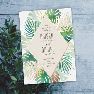 Invitación Con Relieve Metalizado Boda Moderna Tropical Botánica Isla de las Palmera