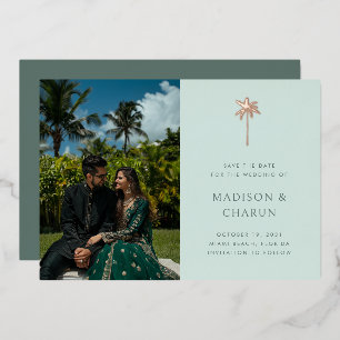 Invitación Con Relieve Metalizado Boda Moderna Tropical Palma Menta Save the Date