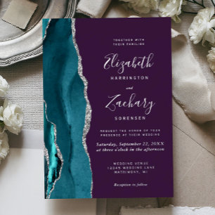 Invitación Con Relieve Metalizado Boda moderna turquesa plata ágata púrpura