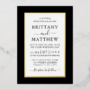 Invitación Con Relieve Metalizado Boda Moderna y Elegante Negro y Blanco Dorado