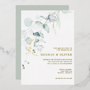 Invitación Con Relieve Metalizado BODA   Moderna y elegante vegetación eucaliptus
