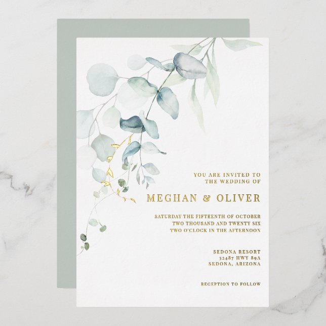Invitación Con Relieve Metalizado BODA | Moderna y elegante vegetación eucaliptus (Anverso/Reverso)