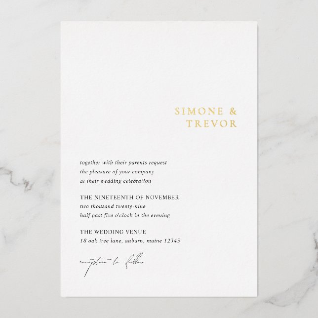 Invitación Con Relieve Metalizado Boda moderno blanco y negro limpio (Anverso)