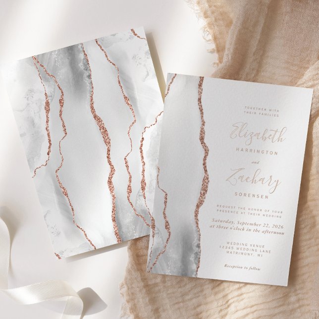 Invitación Con Relieve Metalizado Boda moderno de Gris White Rose Gold Agate (Subido por el creador)