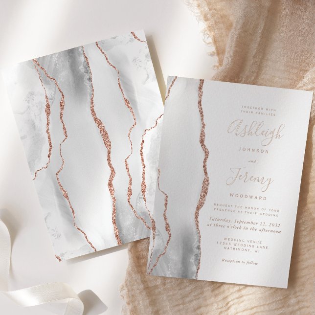 Invitación Con Relieve Metalizado Boda moderno de Gris White Rose Gold Agate (Subido por el creador)