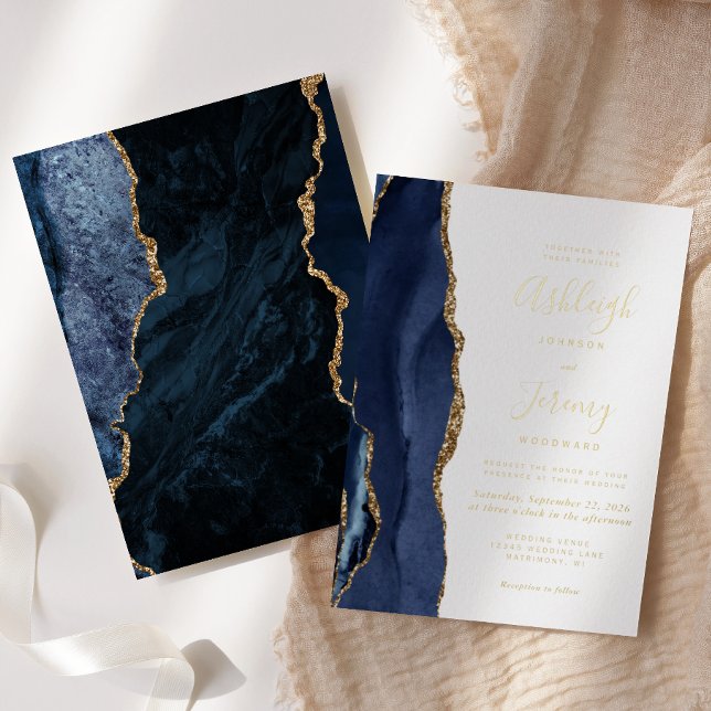 Invitación Con Relieve Metalizado Boda moderno de la Marina Blue Gold Agate (Subido por el creador)