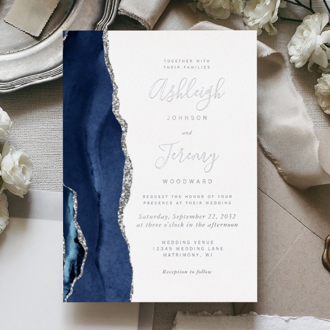 Invitación Con Relieve Metalizado Boda moderno de la Marina Blue Silver Agate (Subido por el creador)