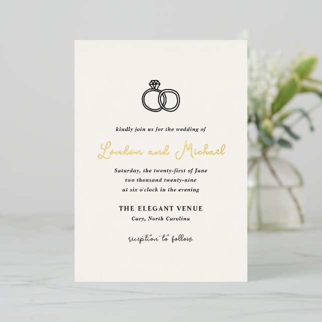 Invitación Con Relieve Metalizado Boda moderno de los anillos dibujados a mano (Anverso de pie)