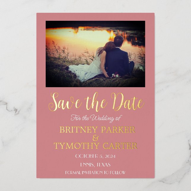 Invitación Con Relieve Metalizado Boda moderno de Rosa de fotografía con código QR (Anverso)