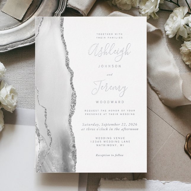 Invitación Con Relieve Metalizado Boda moderno del Agate Blanco Gris Gris Gris (Subido por el creador)