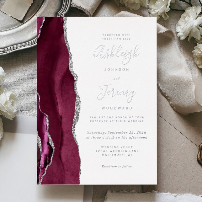 Invitación Con Relieve Metalizado Boda moderno del Agate de Borgoña Plateado (Subido por el creador)