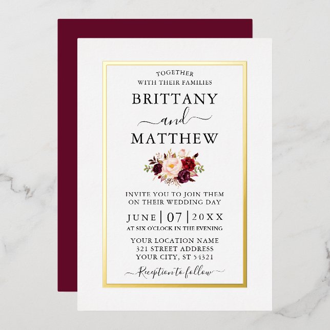 Invitación Con Relieve Metalizado Boda Moderno Elegante Burgundy Floral Gold (Anverso/Reverso)