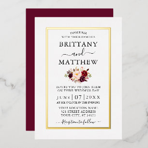 Invitación Con Relieve Metalizado Boda Moderno Elegante Floral Burgundy Oro