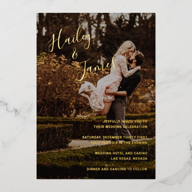 Invitación Con Relieve Metalizado Boda moderno elegante fotográfico (Anverso)