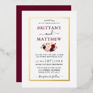 Invitación Con Relieve Metalizado Boda Moderno Floral Elegante Burgundy Dorado