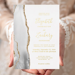 Invitación Con Relieve Metalizado Boda moderno Gris White Gold Agate