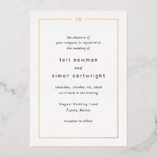 Invitación Con Relieve Metalizado Boda moderno monograma blanco y negro eterno