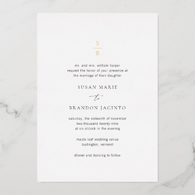 Invitación Con Relieve Metalizado Boda moderno monograma blanco y negro limpio (Anverso)