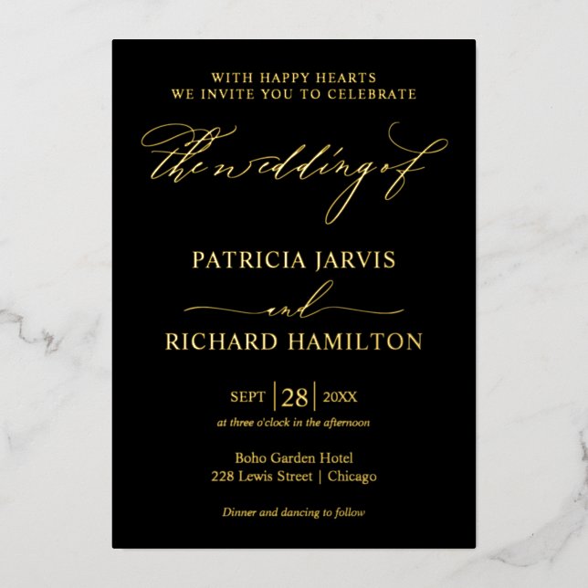 Invitación Con Relieve Metalizado Boda moderno y elegante en negro y oro (Anverso)