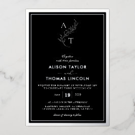 Invitación Con Relieve Metalizado Boda Monograma Clásico Negro Y Plata