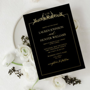 Invitación Con Relieve Metalizado Boda Monograma con Borde Floral Negro Dorado