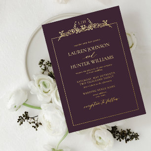 Invitación Con Relieve Metalizado Boda Monograma con Borde Floral Púrpura Ciruela Do