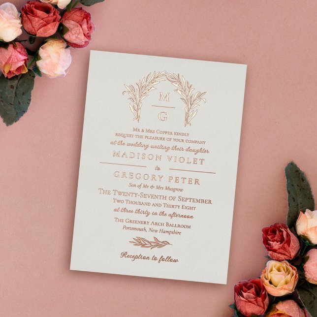 Invitación Con Relieve Metalizado Boda Monograma de Arco de Oro Rosa Blanco (Subido por el creador)