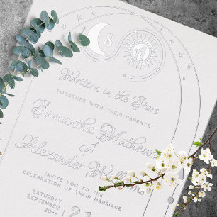 Invitación Con Relieve Metalizado Boda Monograma de la Cresta de la Luna y el Sol Ce