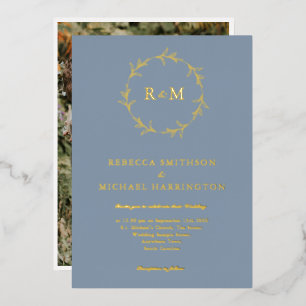 Invitación Con Relieve Metalizado Boda Monograma de la guirnalda azul turbia dorada