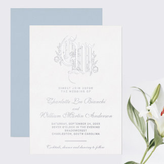Invitación Con Relieve Metalizado Boda Monograma de Plata Hielo Azul