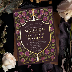 Invitación Con Relieve Metalizado Boda Monograma de Sword & Shield Fantasy Medieval