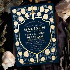 Invitación Con Relieve Metalizado Boda Monograma de Sword & Shield Fantasy Medieval