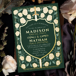 Invitación Con Relieve Metalizado Boda Monograma de Sword & Shield Fantasy Medieval