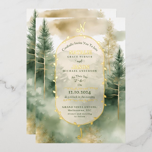 Invitación Con Relieve Metalizado Boda Monograma del bosque de pinos de invierno (Anverso/Reverso)
