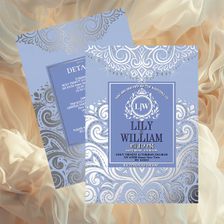 Invitación Con Relieve Metalizado Boda Monograma Diamante Artdeco Elegante Azul