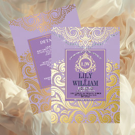 Invitación Con Relieve Metalizado Boda Monograma Diamante Artdeco Elegante Lavanda
