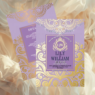 Invitación Con Relieve Metalizado Boda Monograma Diamante Artdeco Elegante Lavanda
