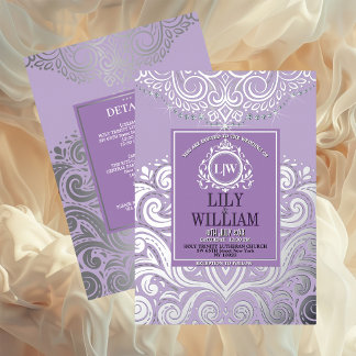 Invitación Con Relieve Metalizado Boda Monograma Diamante Artdeco Elegante Lavanda