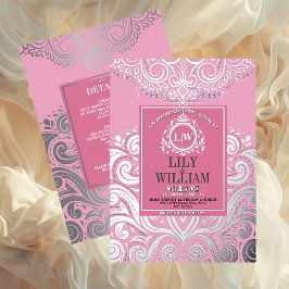 Invitación Con Relieve Metalizado Boda Monograma Diamante Artdeco Elegante Rosa
