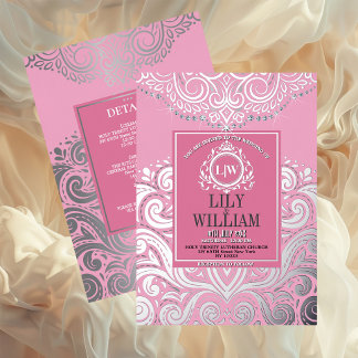 Invitación Con Relieve Metalizado Boda Monograma Diamante Artdeco Elegante Rosa