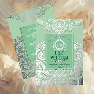 Invitación Con Relieve Metalizado Boda Monograma Diamante Artdeco Elegante Sage