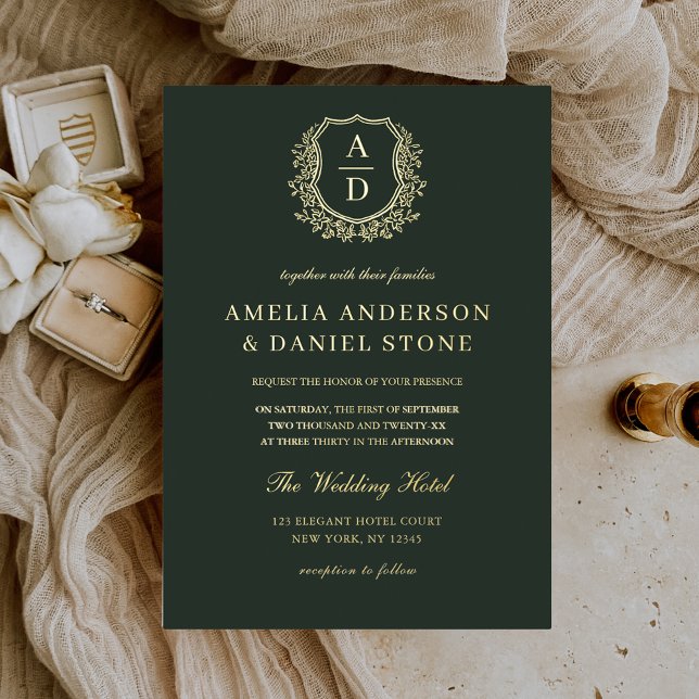 Invitación Con Relieve Metalizado Boda Monograma Escudo de Leafy Relieve metalizado  (Subido por el creador)