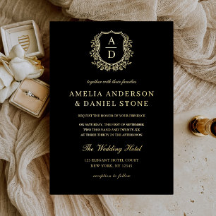 Invitación Con Relieve Metalizado Boda Monograma Escudo de Leafy Relieve metalizado 