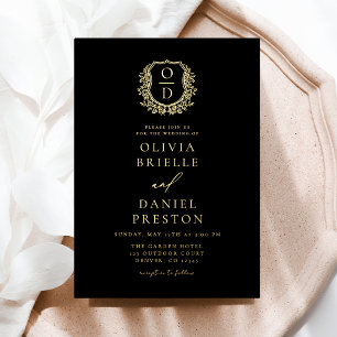 Invitación Con Relieve Metalizado Boda Monograma Escudo de Leafy Relieve metalizado