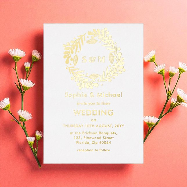 Invitación Con Relieve Metalizado Boda Monograma Floral de oro (Subido por el creador)