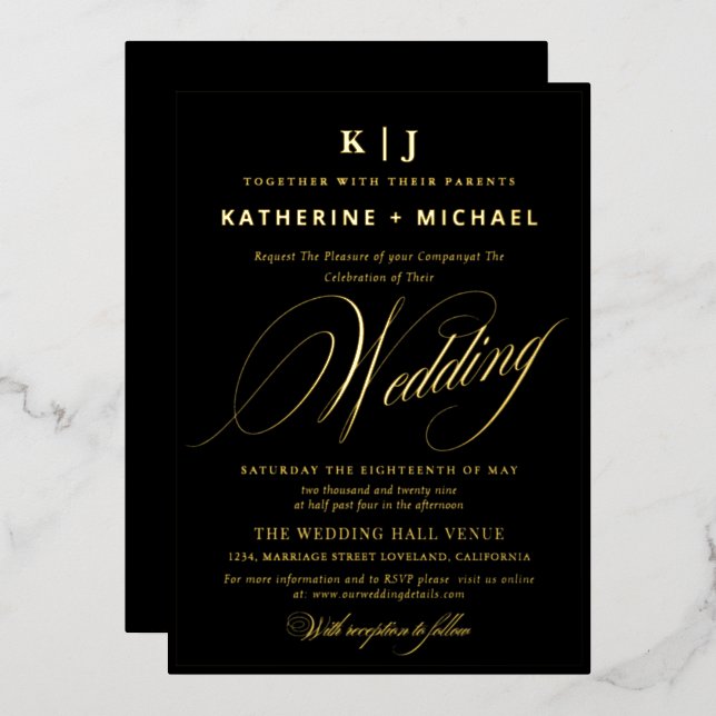 Invitación Con Relieve Metalizado Boda Monograma Gold de caligrafía de guión románti (Anverso/Reverso)