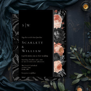 Invitación Con Relieve Metalizado Boda Monograma Gótico Vintage Negro Rubor FOIL