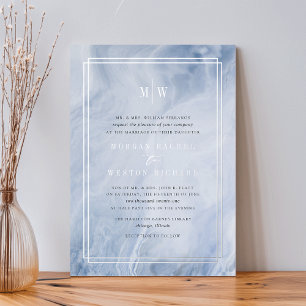 Invitación Con Relieve Metalizado Boda Monograma Ópalo Azul Plata